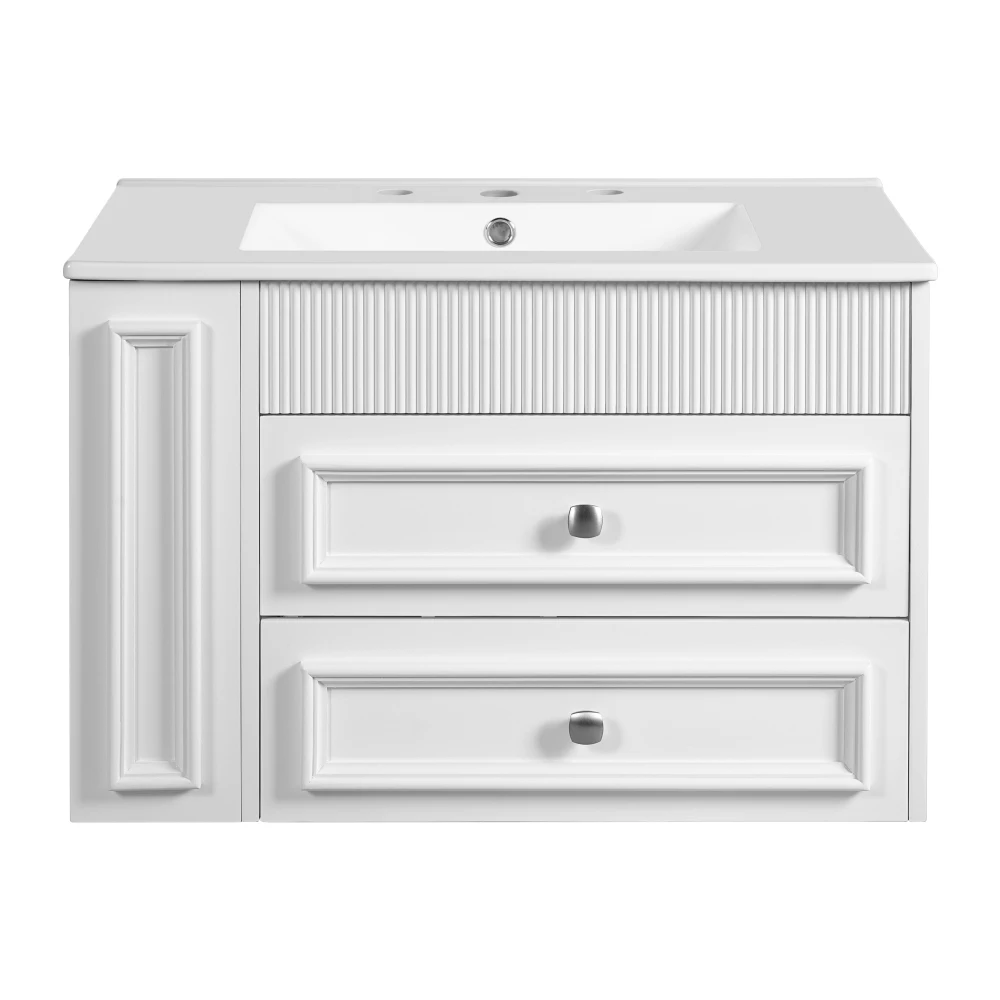 

30'' Wall Mounted Bathroom Vanity, Floating Bathroom Storage Cabinet with 2 Drawers 3 Holes Single Ceramic Sink, Modern Cabinet.