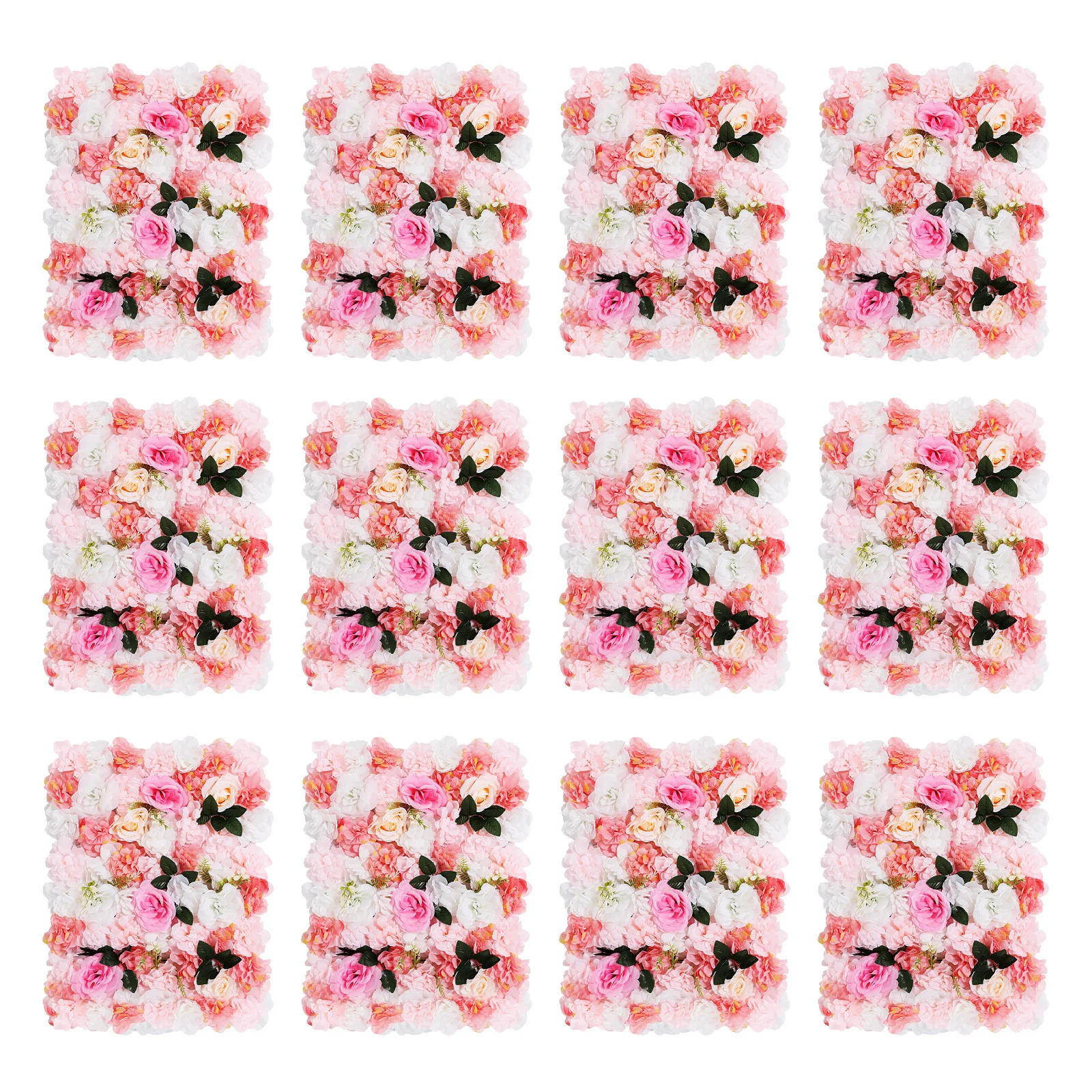 Artificial Flower Wall Panels 12PCS 40*60cm Silk Plastic Handmade Pink White Dahlia Rose Silk Floral Backdrop Tile Weather-resistant Eco-friendly Fake Rose Dahlia Decor Sheet For Wedding Venue Photo Wall