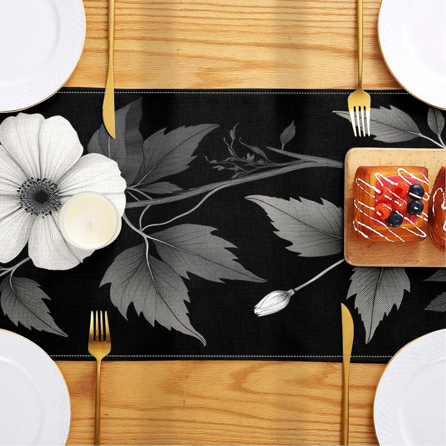 قطعة واحدة من مفرش طاولة على شكل زهور باللونين الأبيض والأسود، خلفية سوداء مع زهور بيضاء ورمادية وأنماط أوراق شجر، مناسبة لطاولات الطعام المنزلية البسيطة، وتخطيط المقهى على الطراز الأسود والأبيض، وحفلات التصوير الفوتوغرافي المنزلي البسيط المتخصصة باللونين الأبيض والأسود والأسود #5
