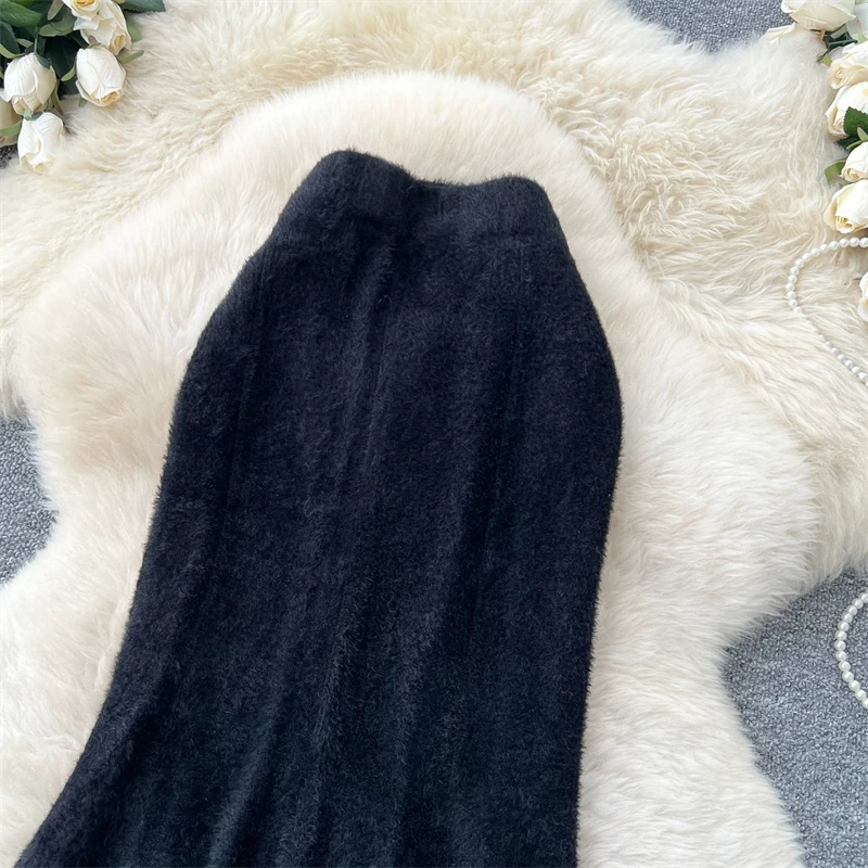 Damen Kunstnerz Gestrickter Meerjungfrauenrock Hohe Taille Weicher Flauschiger Warmer Pulloverrock Herbst Winter Eleganter Figurbetonter Langer Midirock 636 – Detail 13