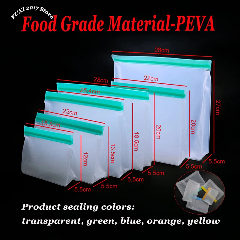 2 bolsas de silicona reutilizables para alimentos, bolsa de almacenamiento de alimentos para congelador, bolsa PEVA, contenedores a prueba de fugas, bolsa fresca de cocina, bolsa Ziplock envolvente