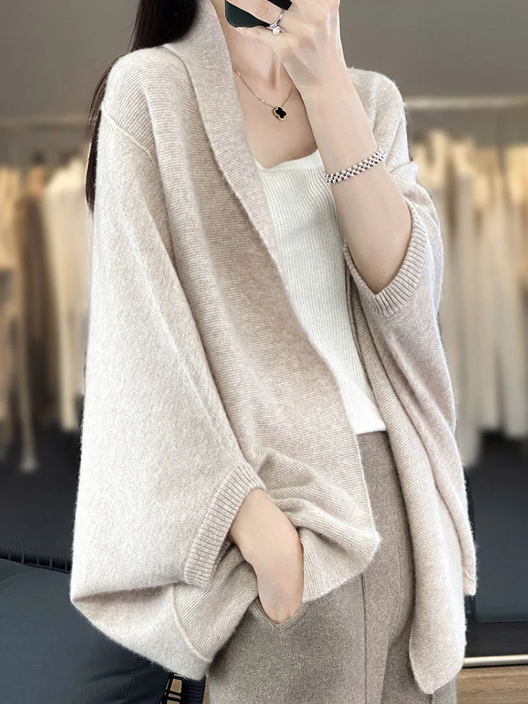 

Autumn Winter Wool Sweater Women Two Wear Shawl Cardigan Batwing Sleeve Cashmere 100% Merino Wool Knitwear Loose Casual Clothing