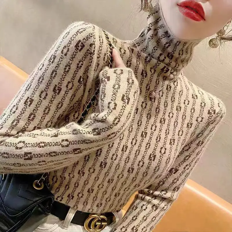 Women Clothing Slim Knitted Turtleneck Pullovers Office Lady Simple Fashion Chic Comfortable Sweaters Spring New Vintage Tops