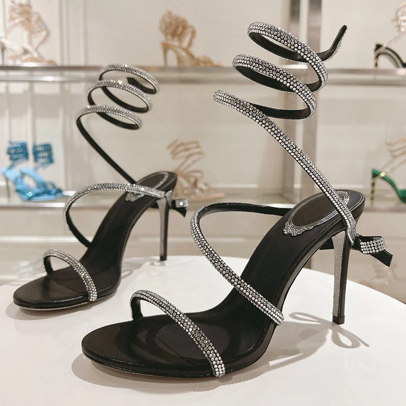 Sandalia Women Glisten Crystal Bow Decor Gladiator Snake Shaped Elastic Strap Thin Hight Heels Sandals Summer Party Dress Shoes image 4