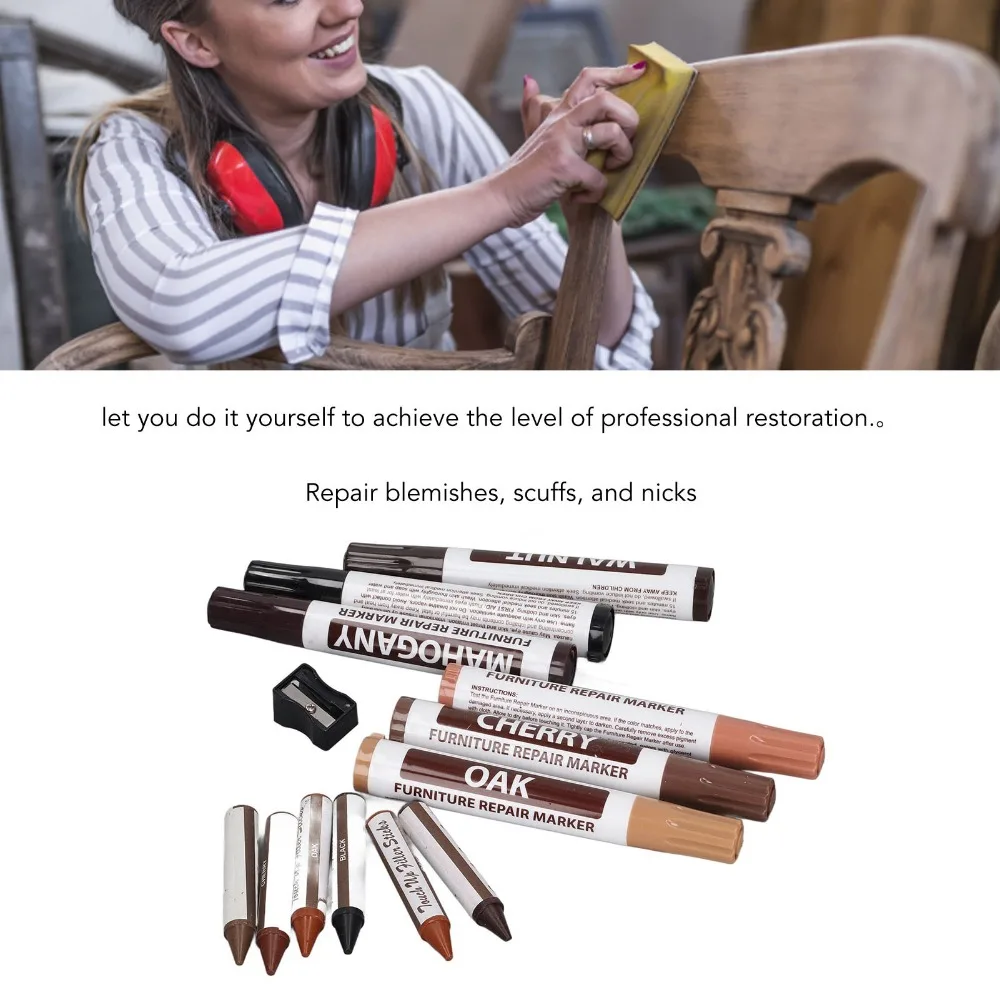 13PCS Matching Pencil Sharpener Wood Furniture Repair Pen Wood Surface Restoration Fast Drying Formula Floor Paint Repair Stick