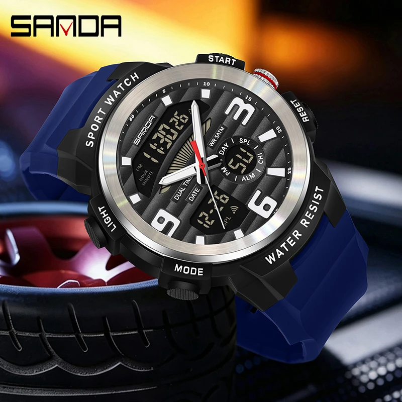 SANDA 3399 Fashion Men Electronic Quartz Watch Multifunctional Dual Display Watch Luminous Alarm Clock Calendar Watches for Man