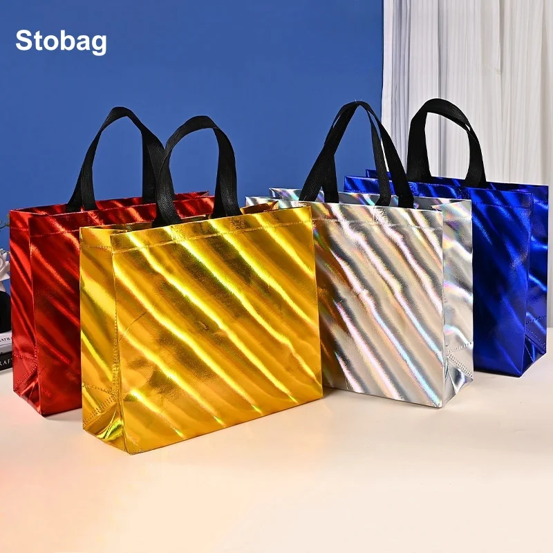 

StoBag 25pcs Color Laser Non-woven Tote Bags Gift Packaging Shopping Portable Fabric Reusable Pouches Party Favors Birthday