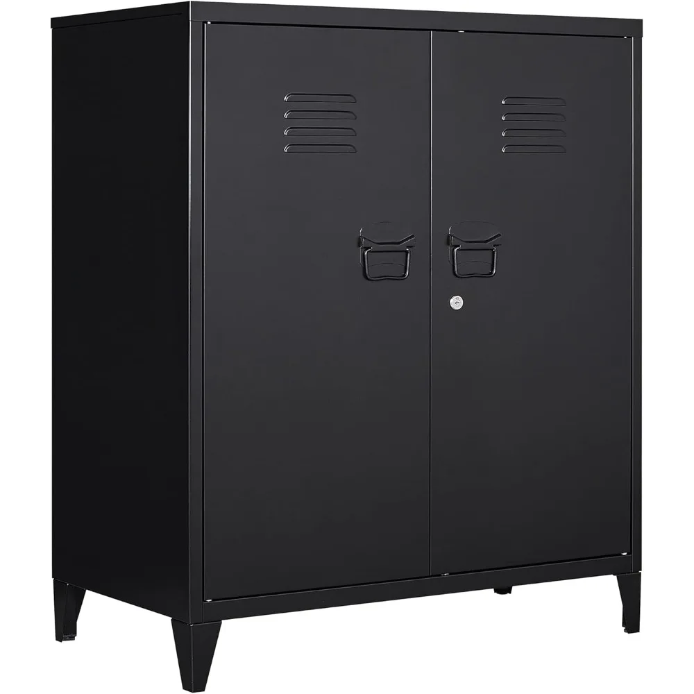 

Metal Storage Cabinet with Lock, Locking Cabinets with 2 Doors and Shelves, Lockable Steel Locker Cupboard, Small Sideboard Buff
