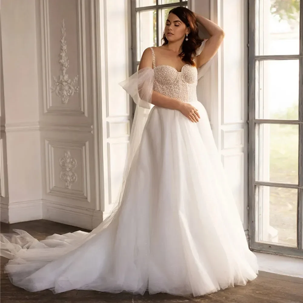 

Plus Size A Line Wedding Dresses Spaghetti Strap Sweetheart Bridal Dress Cape Strap Tulle Garden Robe de mariage for Bride