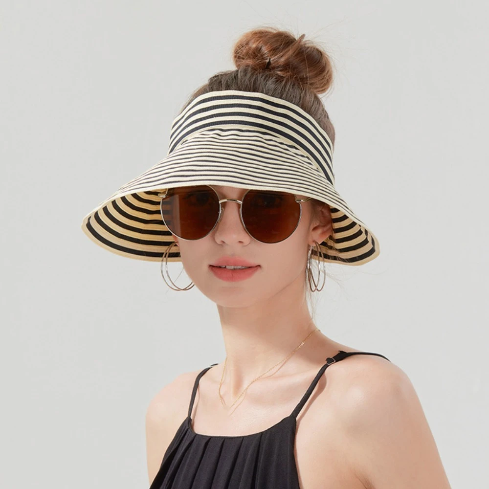 

Breathable Wide Brim Stripe Empty Top Hat Foldable Anti-UV Summer Sun Hats UV Protection Korean Style Sun Protection Cap Outdoor