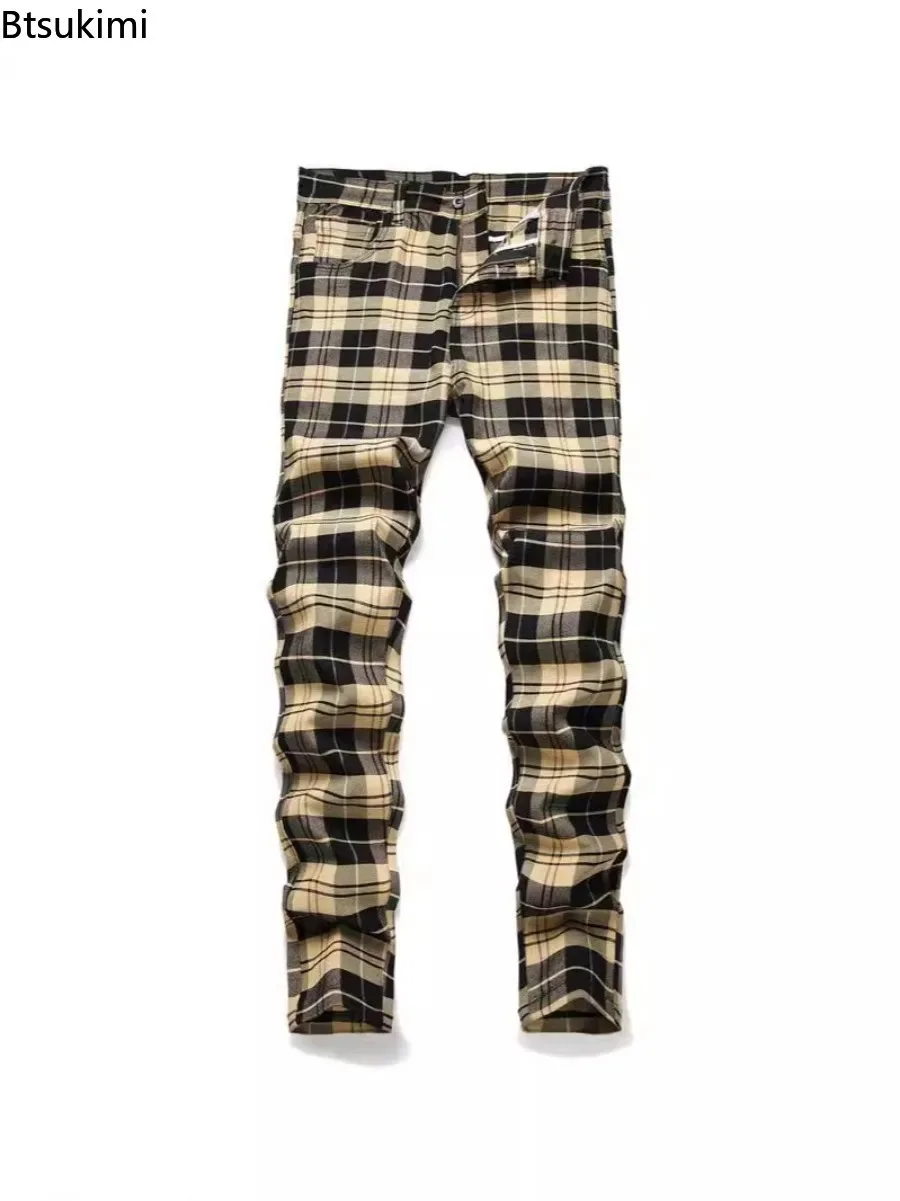 2026 New Men's Casual Plaid Pants Fashion High Stretch Slim Straight Leg Trousers Men Business Social All-match Small Feet Pants