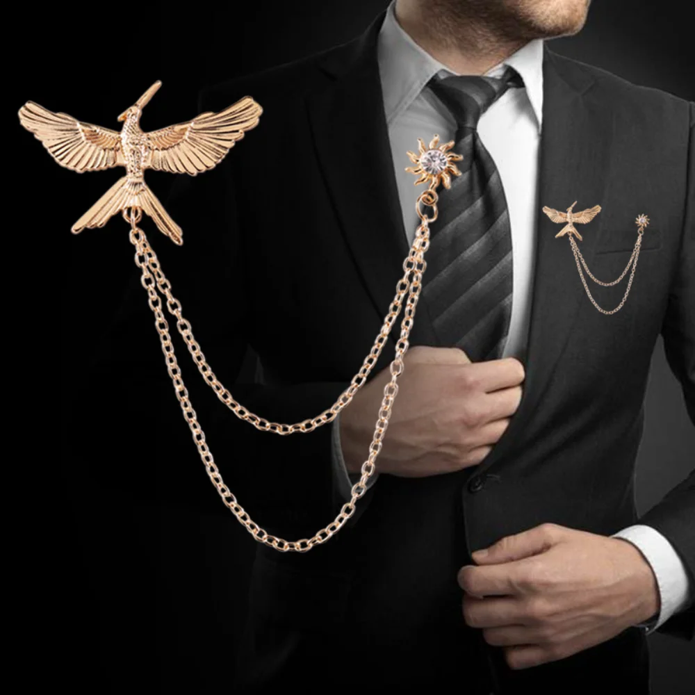 Vintage Men's Eagle Brooch Double Chain Tassel Wings Sunflower Banquet Chest Metal Pin Ladies' Suits Coat Pins Accessory