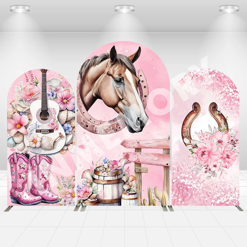 

Pink Floral Western Horse Cowgirl Birthday Party Covers Chiara Arch Wall Backdrops Decoration Background 2-Sided