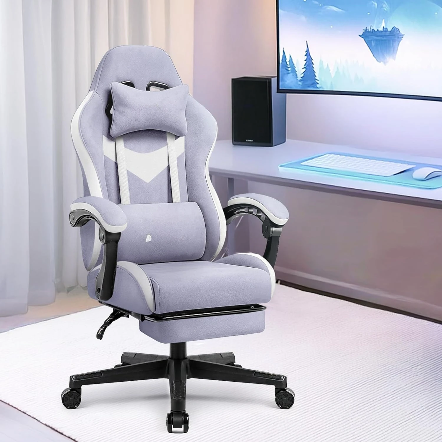

Video Gaming Chair, High Density Foam Breathable Fabric Office Computer Desk Use Ergonomic Reclining Backrest