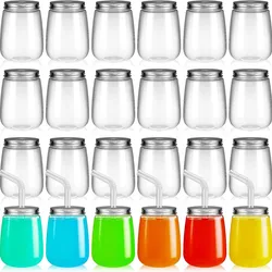 U Shape Plastic Mason Jars, Juice Jar with Aluminum Caps, Straws PET Mason Jar for Water, Milk, Drinks Bottles, 17oz