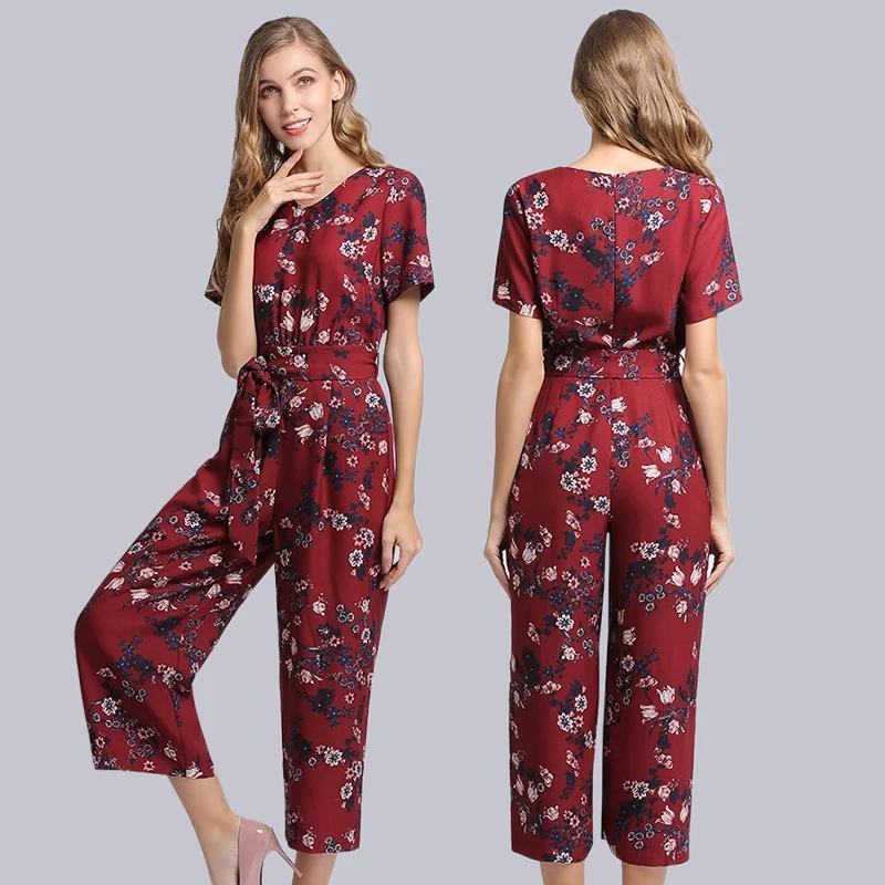 

Spring Autumn Floral ort Sve V-Ne Nine-Piece Wide Leg Jumpsuit Women Summer Long One-Piece Pants Large Size New 2025
