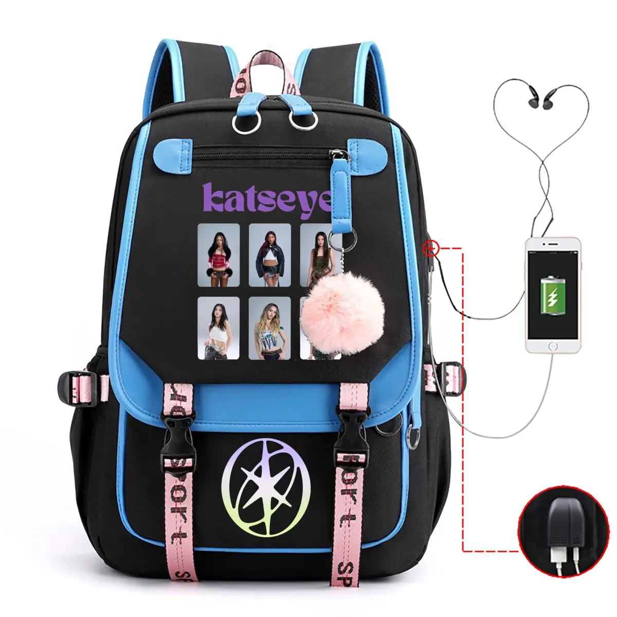 Teen Girls Trendy Katseye School Bag with USB Charging Interface Fashion Strap Decor Rucksack Backpack Mochilas Travel Daypack