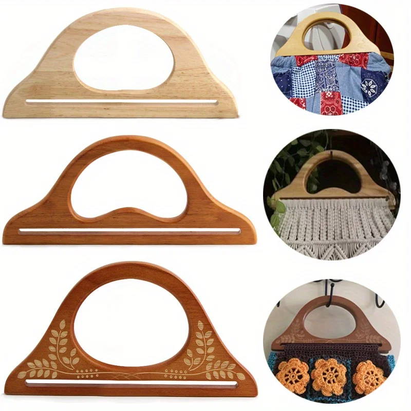 2PCS carved solid wood wallet handle, beach bag canvas bag, retro bag handle, D-shaped handmade bag DIY handle replacement parts