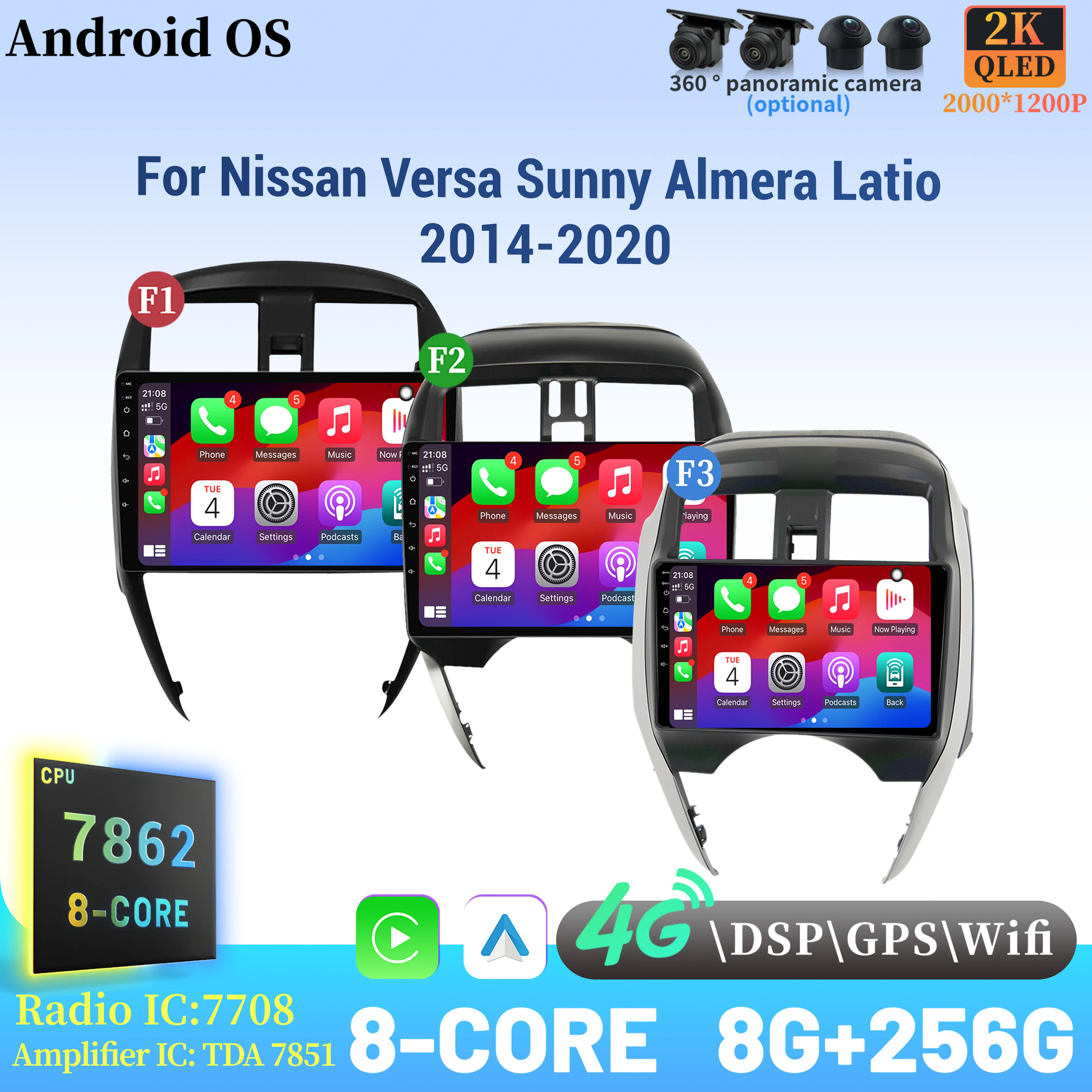 

Car Radio Android 14 For Nissan Versa Sunny Almera Latio 2014-2020 Navigation Multimedia Wireless BT Carplay Touch QLED Screen