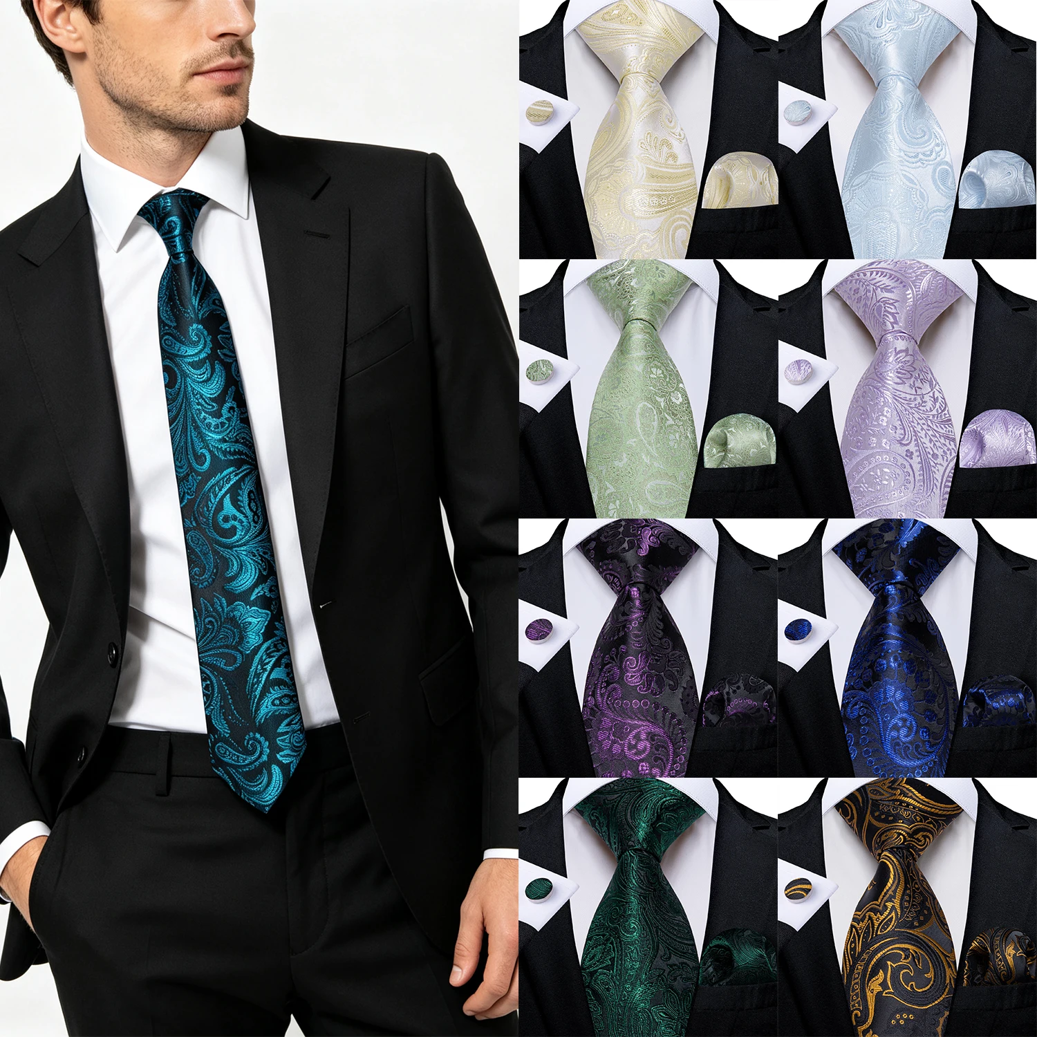 Mens Paisley Tie 3pcs Set, Paired Pocket Square & Cufflinks, Perfect Gift For Business Wedding Banquet Party Office Formal Wear