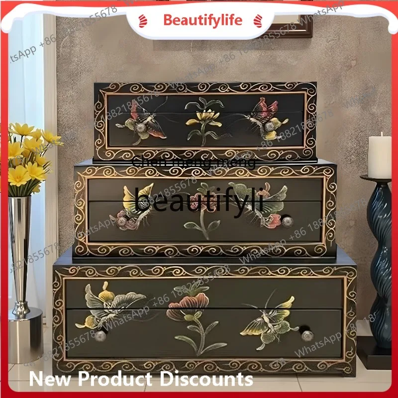 A32 Painted Bedside Table French Retro Sofa Side Table Three-Drawer Cabinet Bedside Decorative Storage Rack
