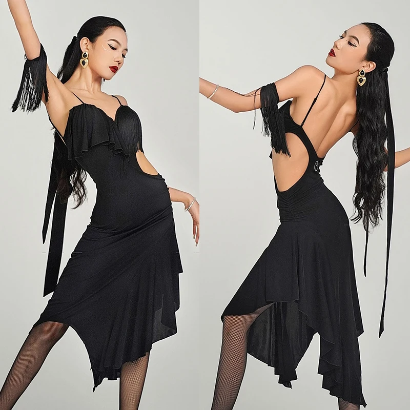 Latin Dance Competition Dress For Women Professional Black Tassel Dress With Bracelet Female Chacha Latin Performance Dress