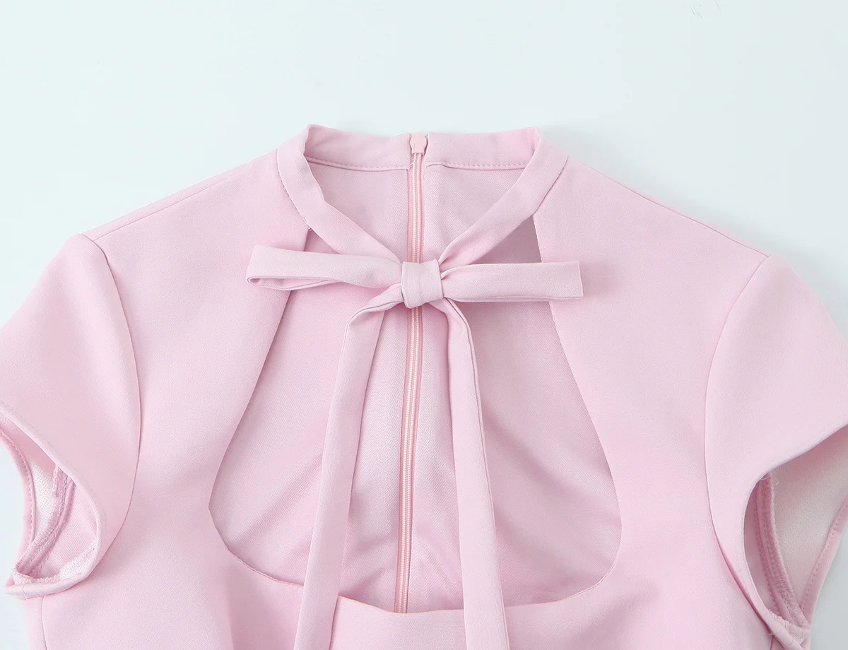 HH Elegantes Damenkleid mit Ausschnitt und Polka Dots, Lässiges Büro-Sommerkleid, Strand-Urlaubsmode, Partykleid mit Reißverschluss und Schleife, Mini-Kleid – Detail 4