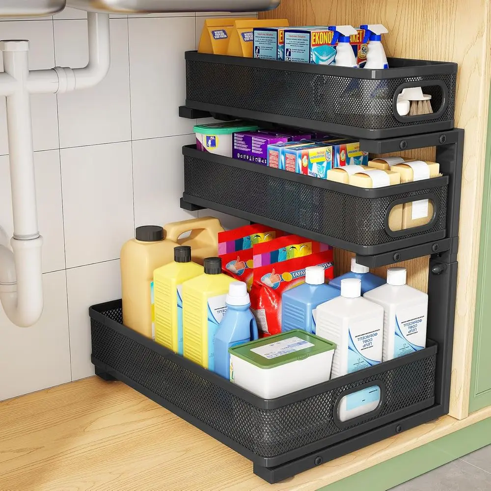 Under Sink Organizer, 1-Pack 3-Tier Height Adjustable Thickened Metal Pull out Cabinet Organizer, Slide out Storage Der Rack for