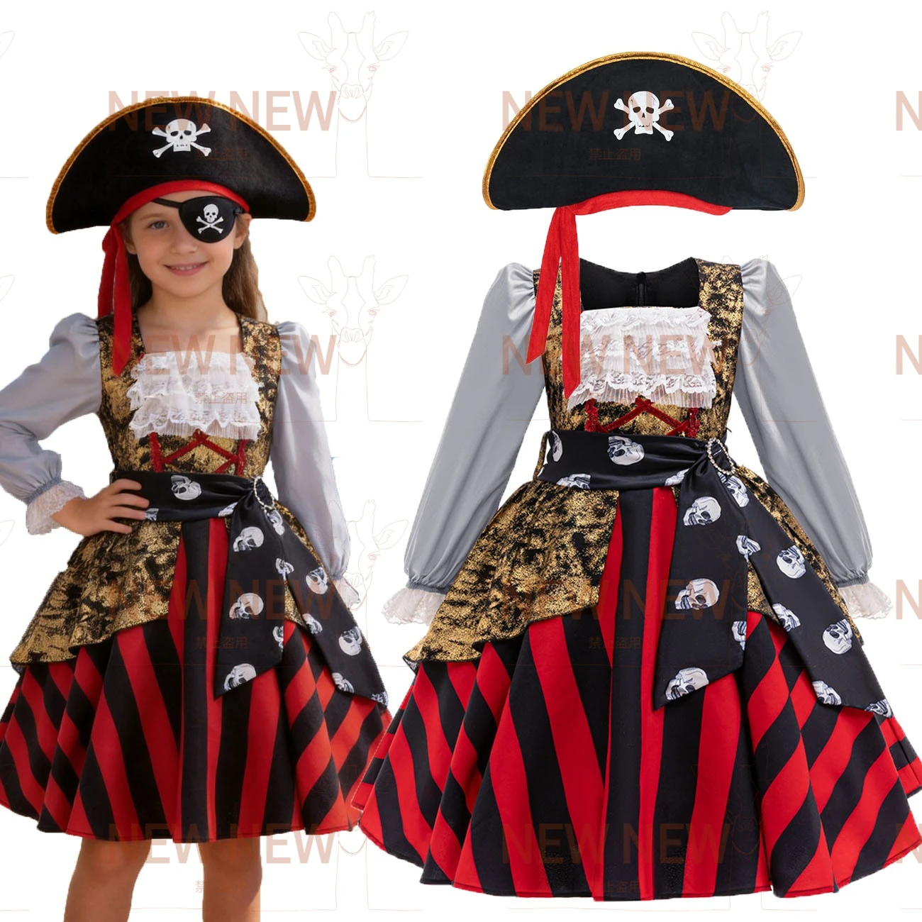 New Children's Princess Skirt Pirate Captain Girl's Children's Dress Square Collar Long Sleeve Clothes