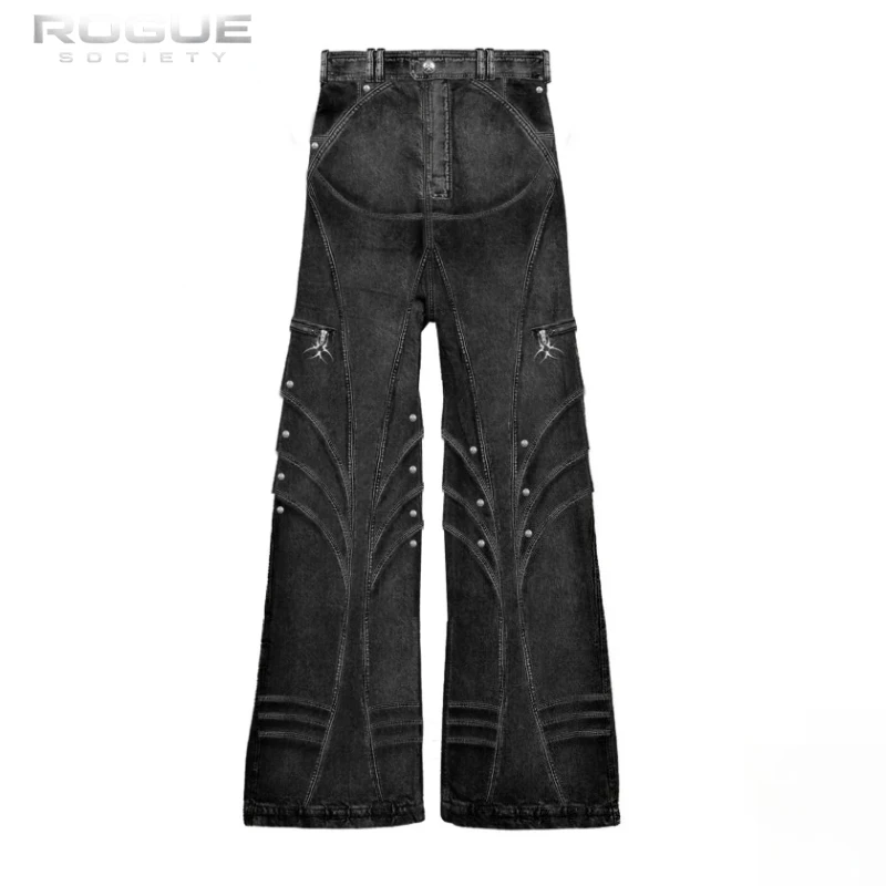 HipHop Gothic American Vintage Washed Wide Leg Jeans Unisex Rivet Zip Design Y2K Streetwear Harajuku Baggy Black Men Denim Pants