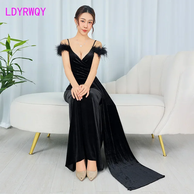 Evening Dress Female 2024 New Black High end Temperament Hairy Strap Tail Banquet Host