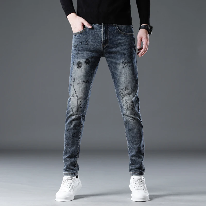 2024 autumn/winter irregular printed pattern jeans men's pants slim fit elastic small leg pants casual men's pants new style