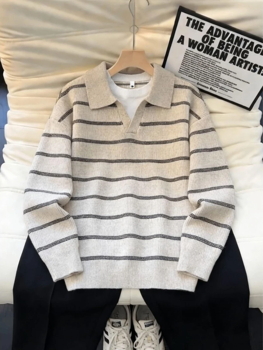 

Мужской осенне-зимний вязаный свитер с V-образным вырезом, повседневный, в полоску, имитация двухслойности, модный, свободный крой, длинный рукав, полиэстер