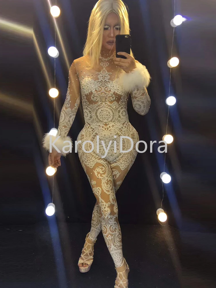 White Sexy Lace Rhinestones Jumpsuit Woman Singer Stage Bodysuit Costume Party Celebrate Unitard Glisten Stones Outfit Baileisi