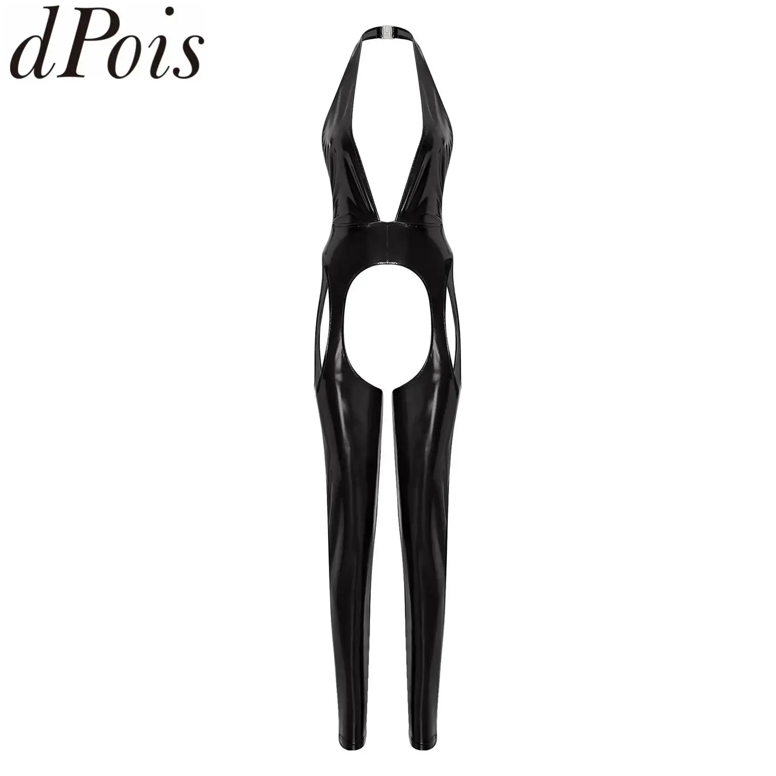 

Женский глянцевый комбинезон с лямкой на шее и глубоким V-образным вырезом на спине, леггинсы с открытой промежностью, цельный боди, комбинезон для парных игр, клубная одежда