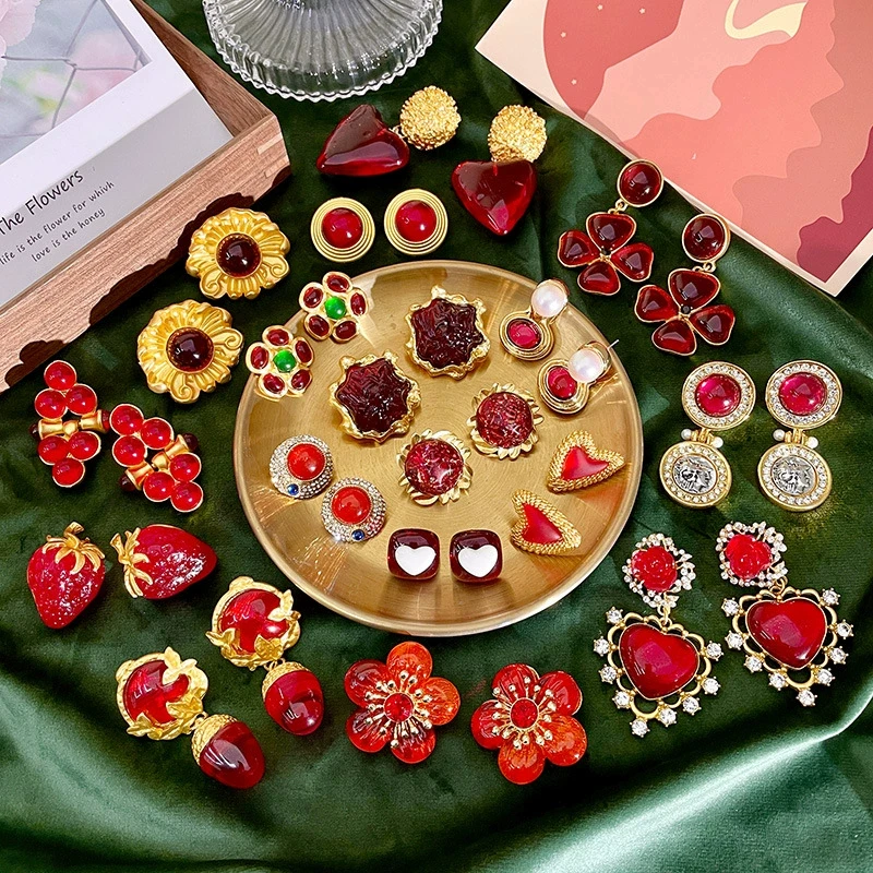 Винтажные бордовые серьги большого размера, роскошные украшения для женщин и девочек, нишевый дизайн, подарочные зажимы для ушей, ювелирные изделия для банкета и вечеринки