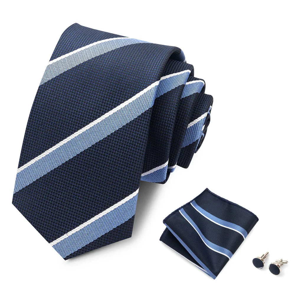 Hochwertiges 8-cm-Krawatten-Einstecktuch-Set für Herren, schwarz, blau gestreift, Hochzeitsgeschenk, Krawatte, Anzug-Accessoires, passend für den Arbeitsplatz – Detail 22