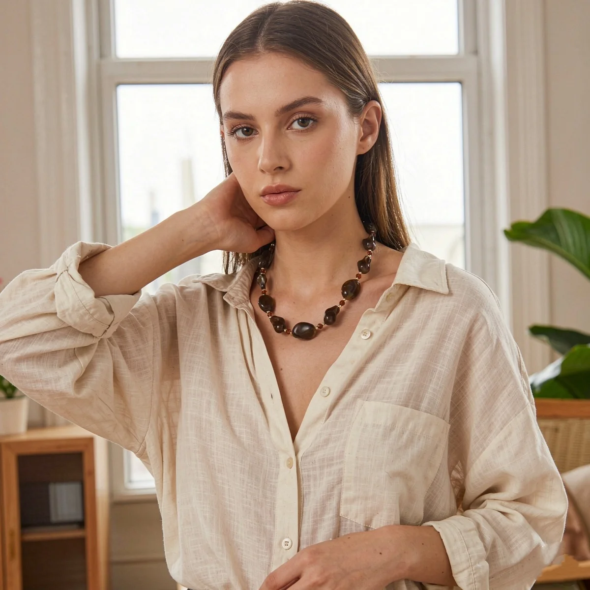Vintage Unregelmäßige Braune Acryl-Perlenkette für Damen und Herren, Lässiger Minimalistischer Kristall-Abstandsperlen-Choker, Ins Ästhetischer Schmuck – Detail 5