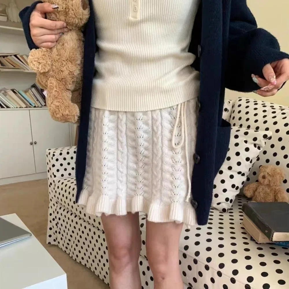 Cable Knit Layering Mini Skirt Drawstring Waist Ruffle Hem Knit Mini Skirt Half Skirt Decorative Design Overlay Skirt