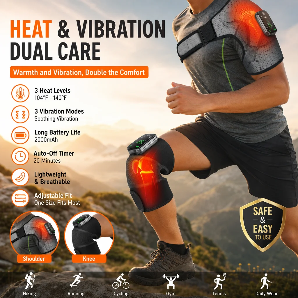 Masseur de vibrations chauffant 3 en 1 pour genou, épaule, coude, 3 niveaux de chaleur, 3 modes de vibration, conception enveloppante antidérapante