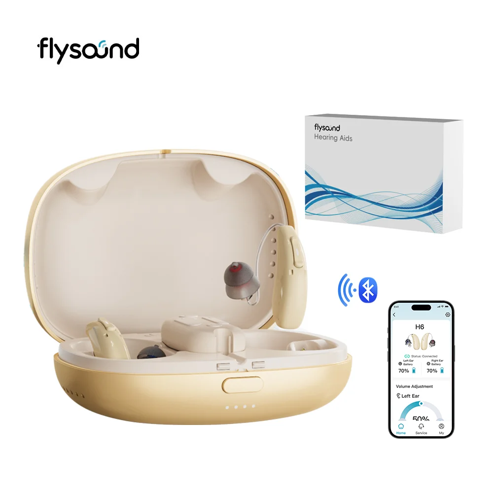 Bluetooth Left Ear RIC OTC Hearing Aid Rechargeable Digital Amplifier AI Noise Reduction 55dB Gain IP68 Water Resistance