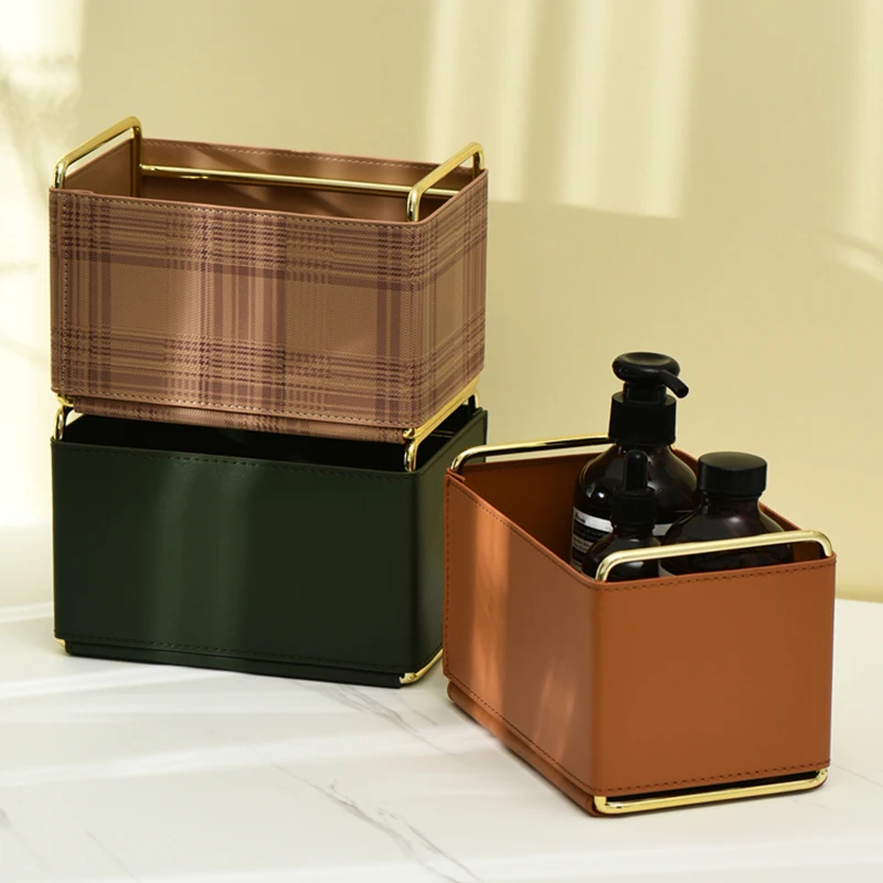 Art Leather Electroplating Rectangular Storage  Cosmetic Remote Desktop Debris Basket