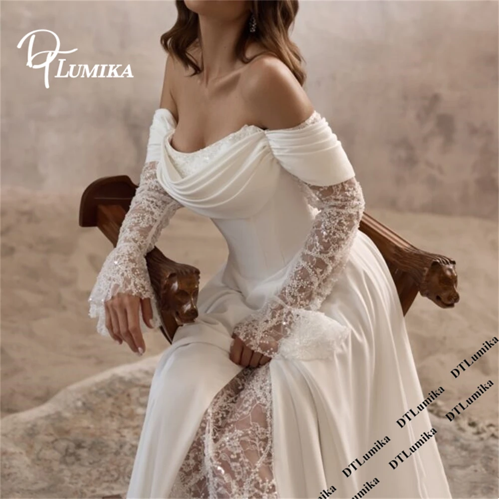 DTLumika Customized Soft Chiffon Wedding Dress Full Off Shoulder Sleeves Lace Details Long A Line Bride Dresses Court Train