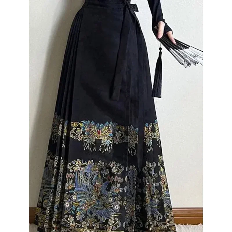 Chinese Style Traditional Pleated Skirt For Women Black Mamianqun Hanfu Thin Fashion All-match DIY Lace-up Long Skirts Womenwear