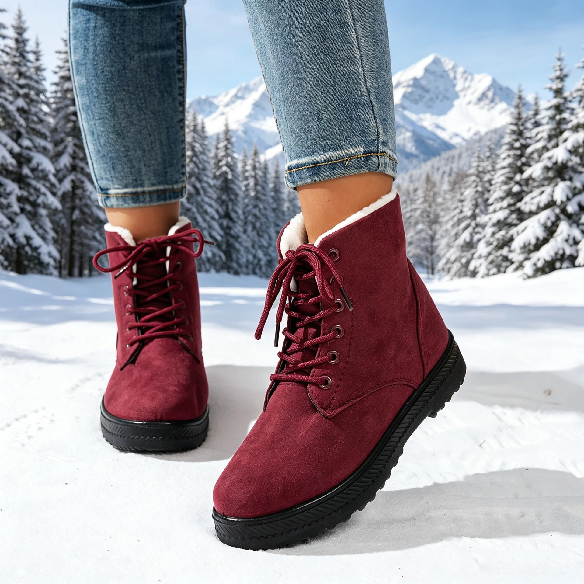 Damen Winter Schnür-Schneestiefel mit Wildleder-Optik, Fleece-Futter, Rutschfeste Dicke Sohle, Warme Knöchelhohe Kampfstiefel – Detail 7