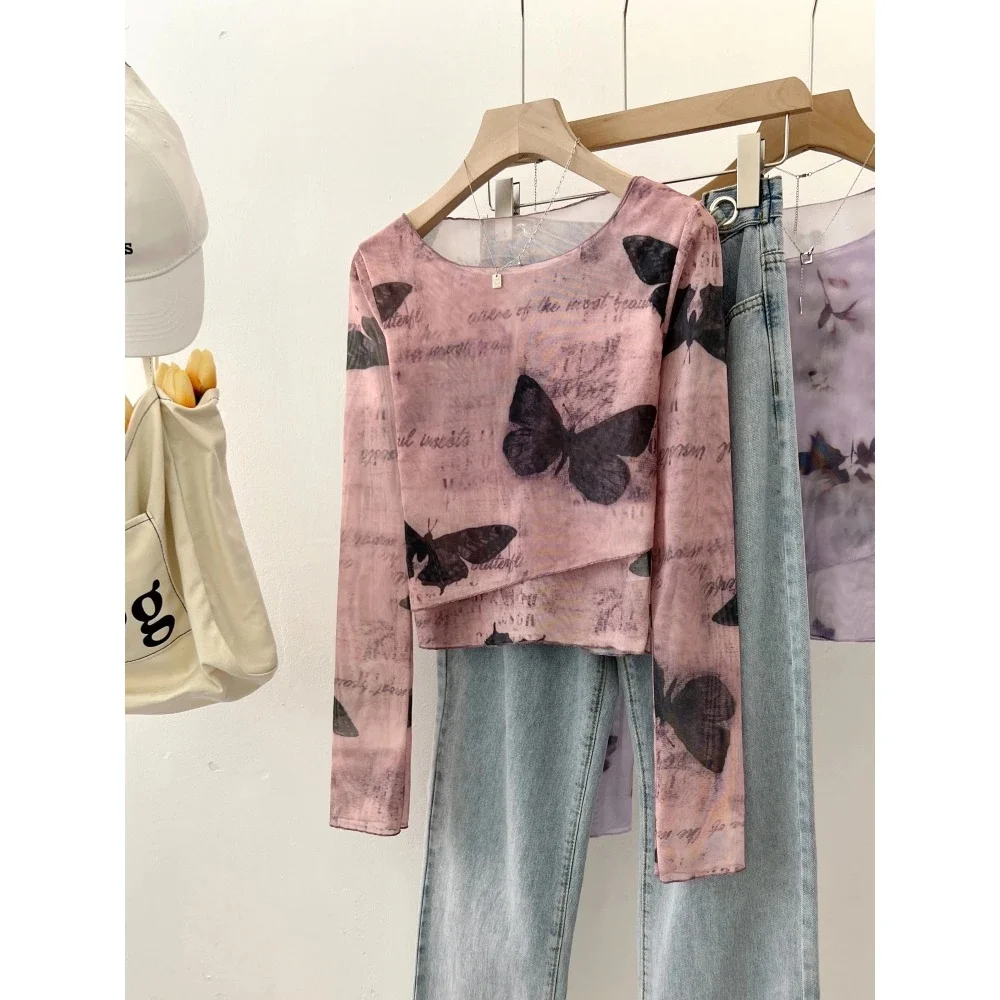 

Tie-Dye Me U-Ne Long Sve T-irt Women's Spring 2025 New Sle Asymmetrical Slim Fit ort Base irt Spicy Girl Top