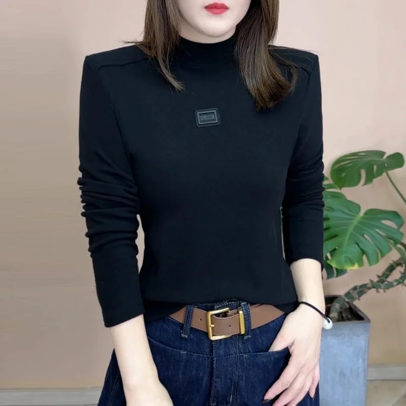 Velvet Thickened Winter Warm Bottom Shirt for Women's Top Half Turtle Neck Temperament Slim and Versatile T-shirt for Women