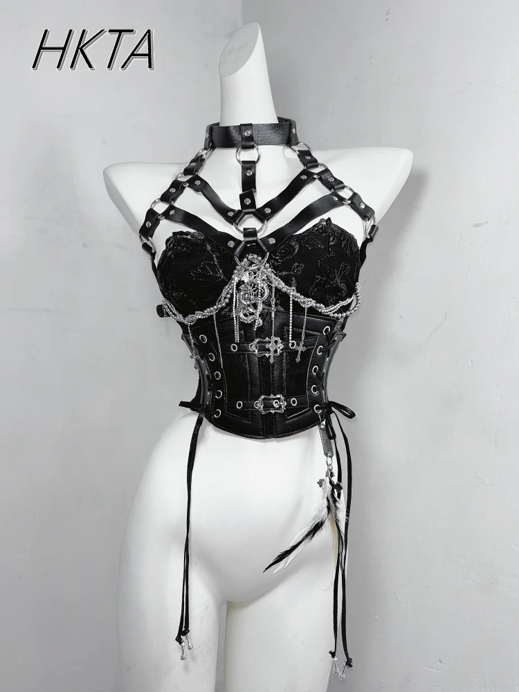 Donkere Stijl Goth Metalen Ketting Taille Rose Feather Geborduurde Tube Top Y2k Vrouwen Zomer Dunne Kant Geplooide Shorts Zwarte Rok Sets