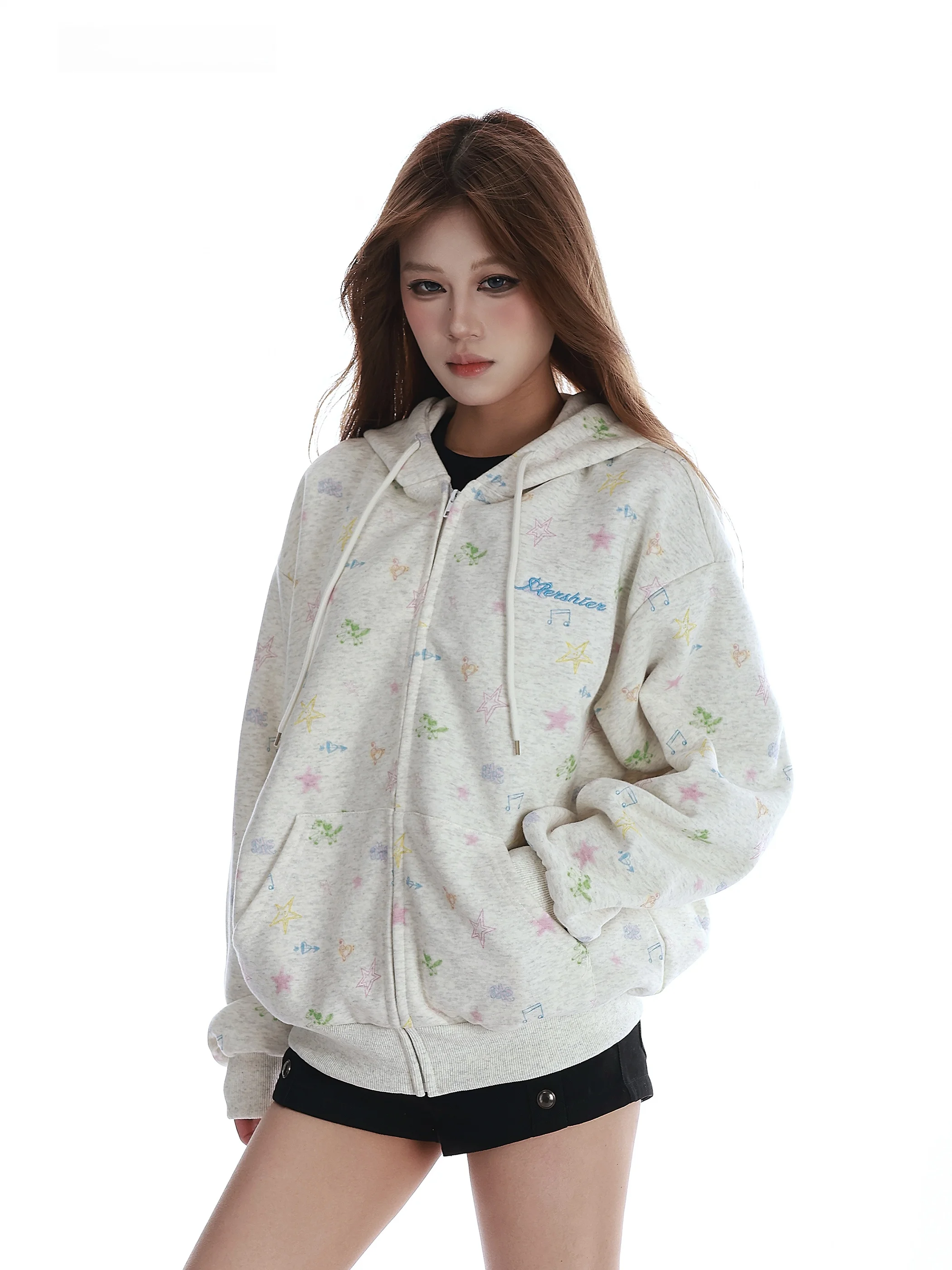 

Женская свободная повседневная весенняя верхняя одежда Vinmuk American Sle Fun Star Print Trendy Zipper Open Cardigan Hoodie