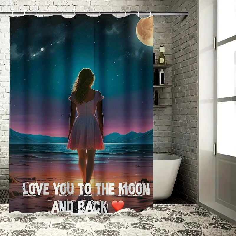 Romantic Night Sky Waterproof Shower Curtain High-Definition Digital Printing Love You to the Moon and Back Design